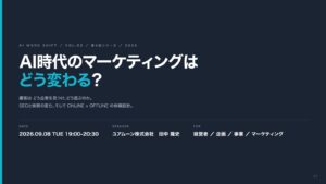 AI WORK SHIFT 第3回「AI時代のマーケティングはどう変わる？」登壇資料の表紙。2026年9月8日、ユアムーン株式会社 田中隆史